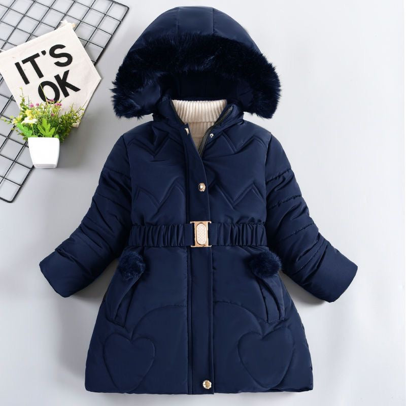 Girls' Mid-length Fleece-lined Thickened Cotton Coat