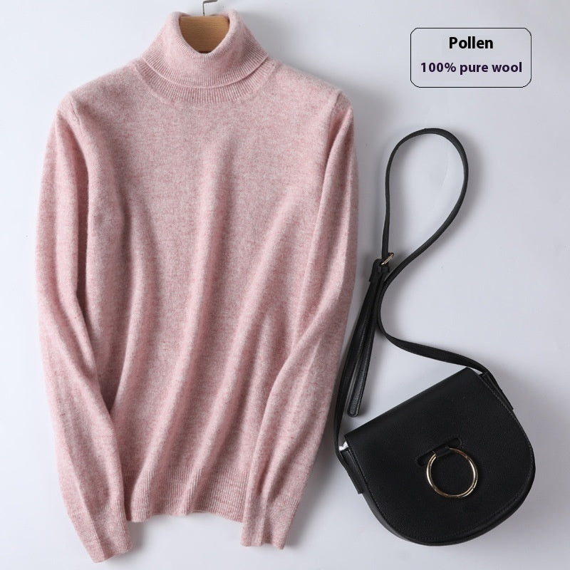 Pure Wool Sweater Women's Turtleneck Pullover Solid Color Loose Short