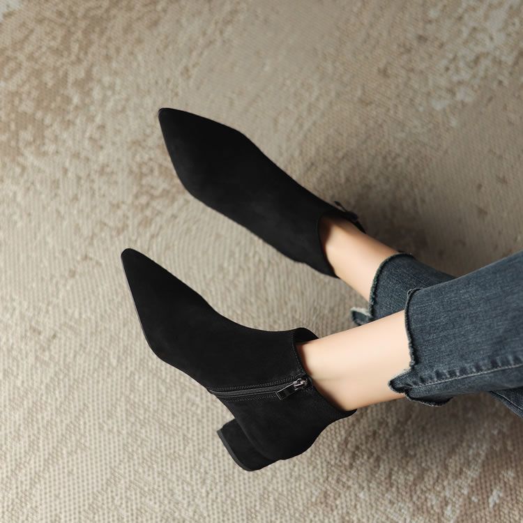 Women's Matte Suede Chunky-Heel Ankle Boots With Pointed Toe And Side Zipper