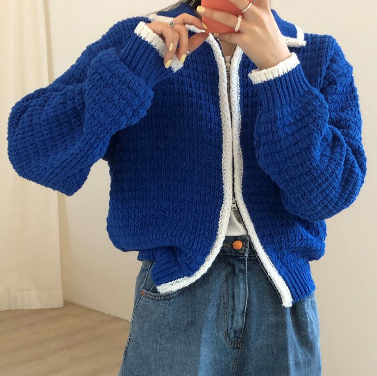 Contrast Thick Needle Zipper Cardigan Sweater Coat Women's Vintage Lapel