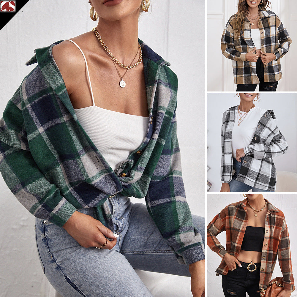Lapel Single Breasted Cardigan Plaid Woolen Temperament Commute