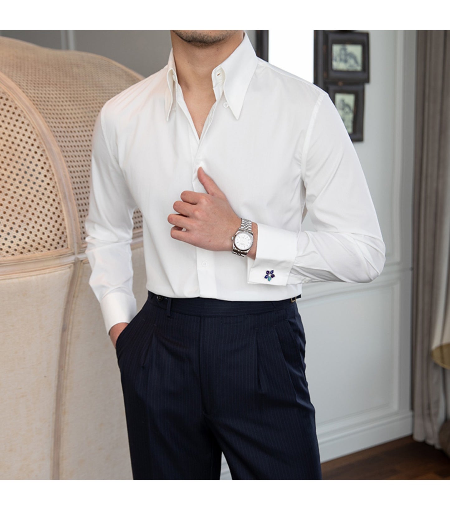 Big Pointed Collar Wrinkle Resistant Slim Fit Shirt For Trendy
