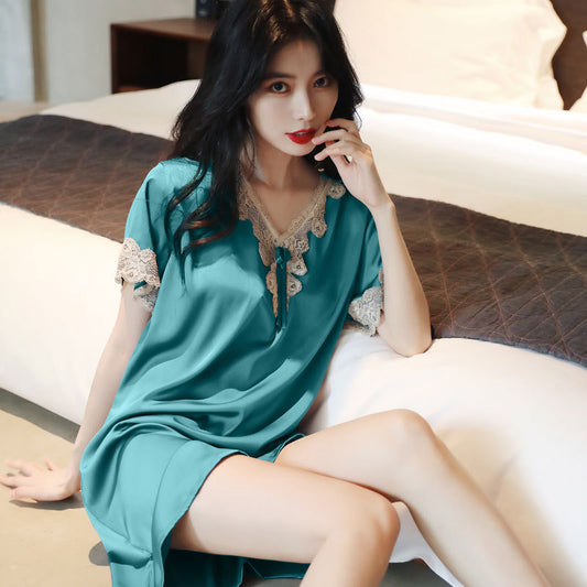 Womens Summer Ice Silk Loose Plus-Size Nightdress