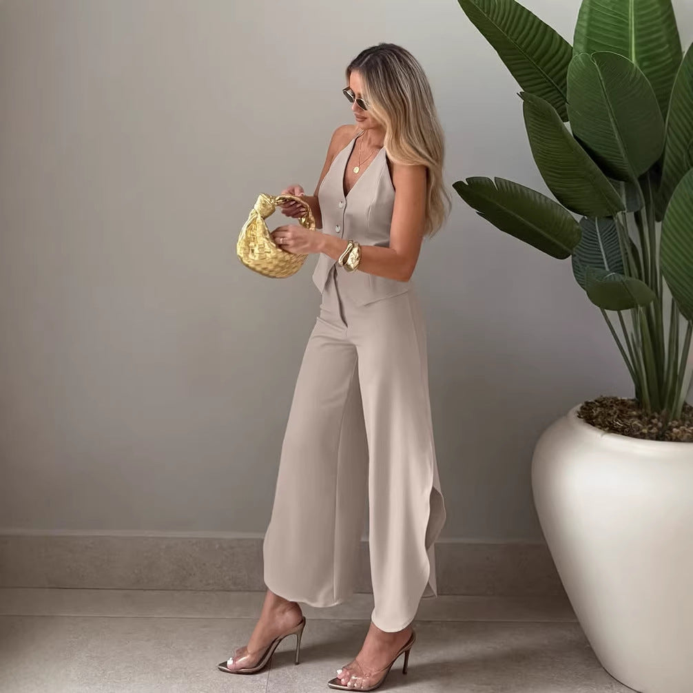 Womens Designer V-Neck Sleeveless Tank Top And Slit Dagger Pants Two-Piece Set