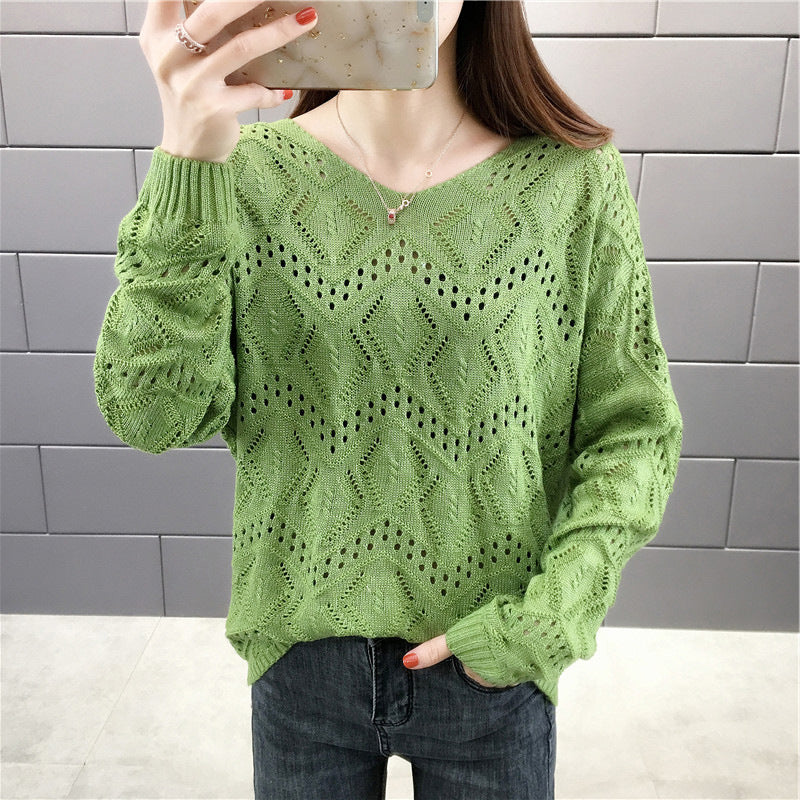 V-neck Loose Hollow-out Pullover Knitwear Batwing Sleeve Thin Sweater