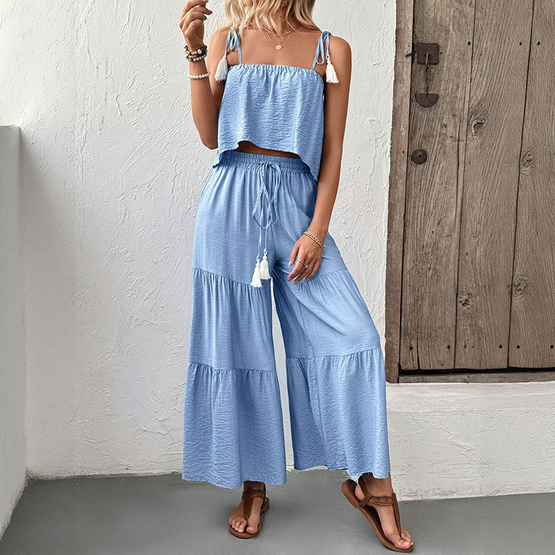 Strappy Top And Wide-leg Pants Textured Resort Set