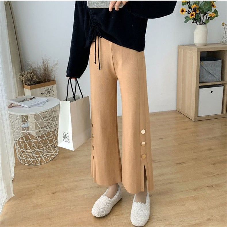 High Waist Design Sense Bootcut Pants Loose Slimming And Wide Leg Slit Knitted Women's Casual Trousers