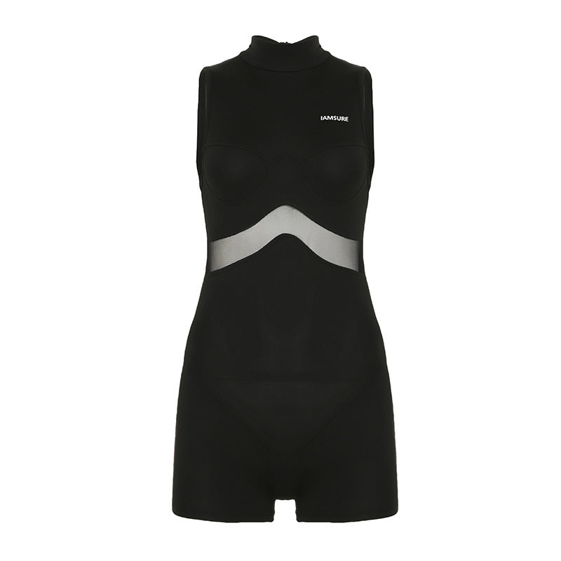 Mesh Patchwork Hollowed-Out Sleeveless Jumpsuit Shorts