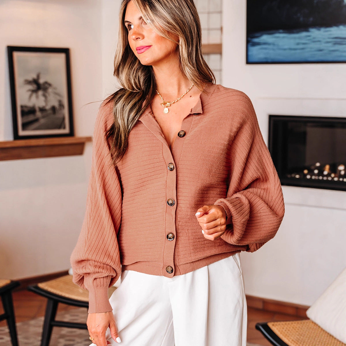 Versatile Loose-fitting Long-sleeve Cardigan With Multiple Buttons For Women