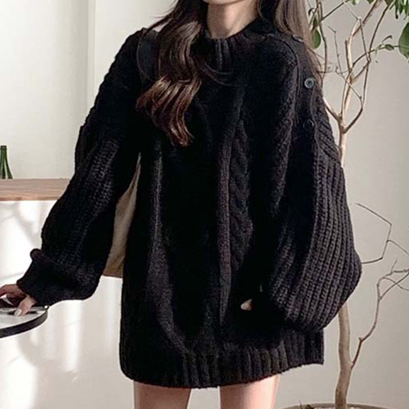Side Button Hemp Pattern Design Loose Long Sleeve Knitted Sweater