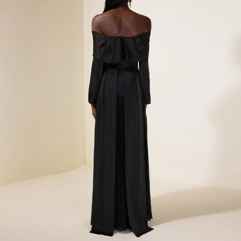 Off-shoulder Long-sleeve Slim-fit Black Patchwork Dress