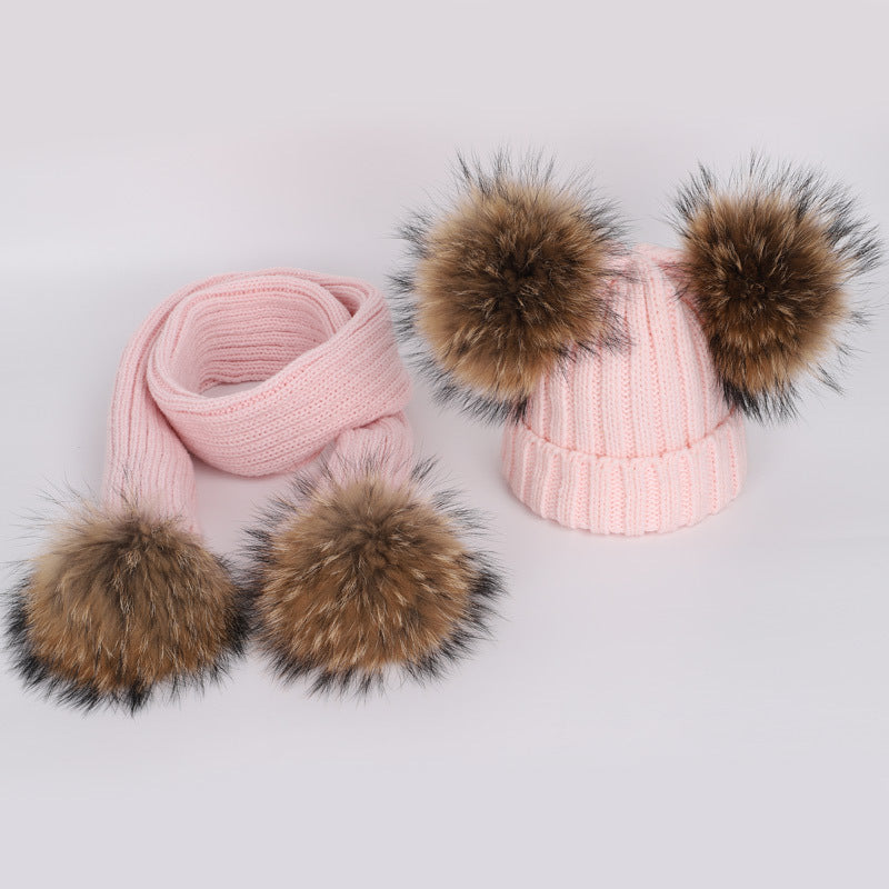 Men's And Women's Thickened Raccoon Fur Ball Knitted Ear  Set