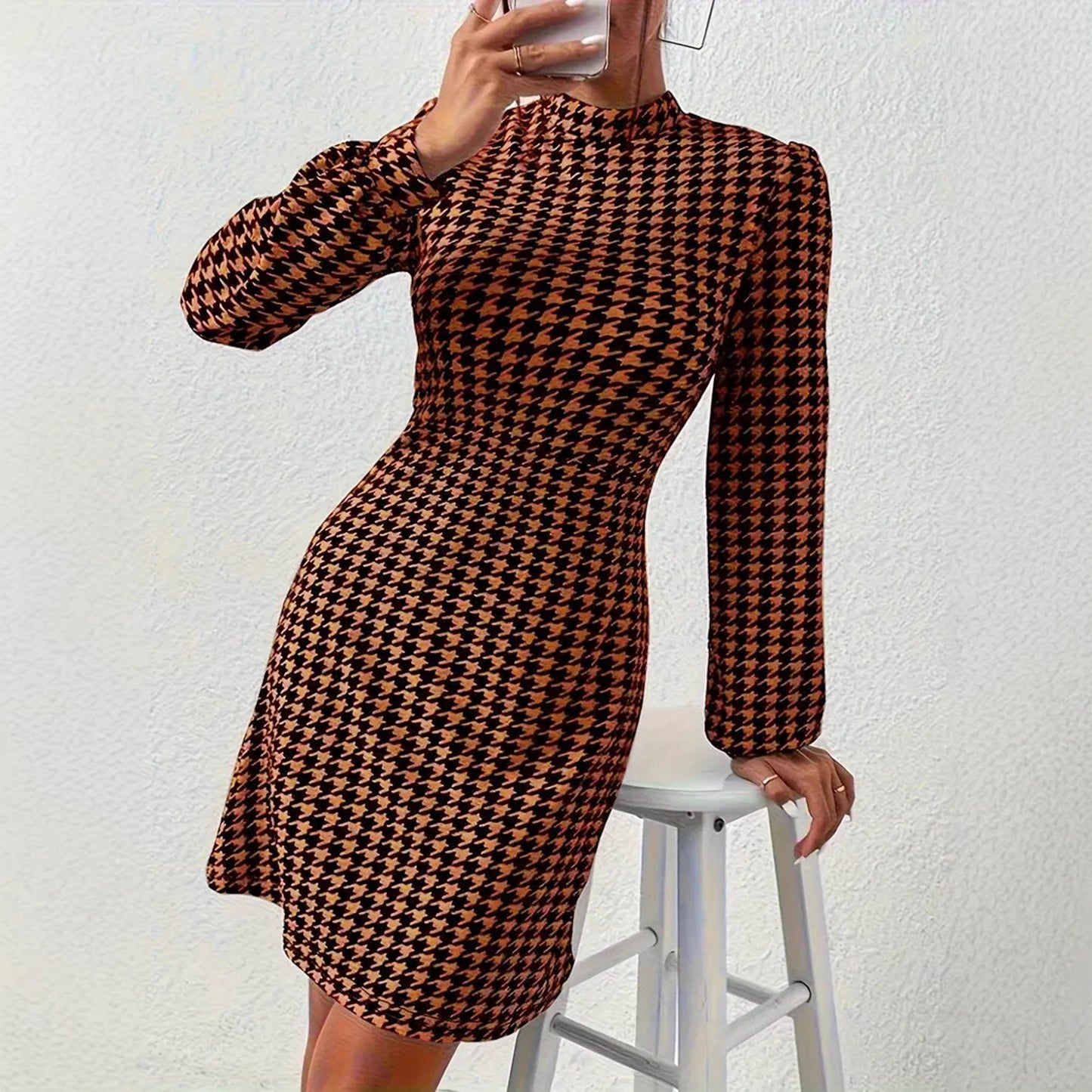 Women's Houndstooth Print Slimming Dress