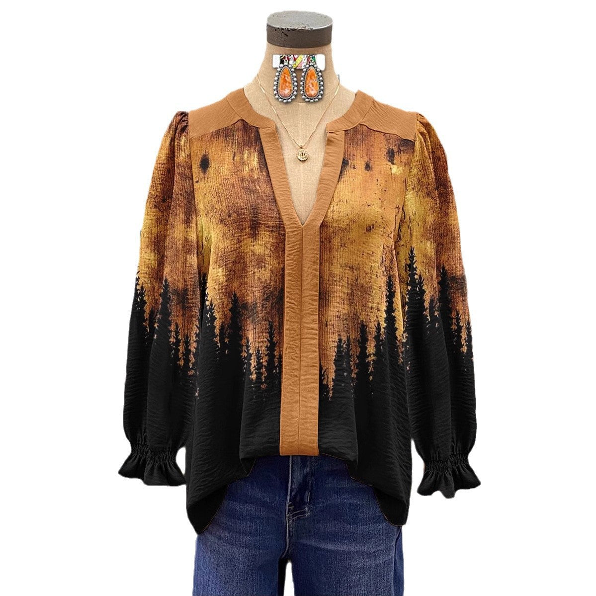 Women's Shirt Loose V-Neck Long Sleeve