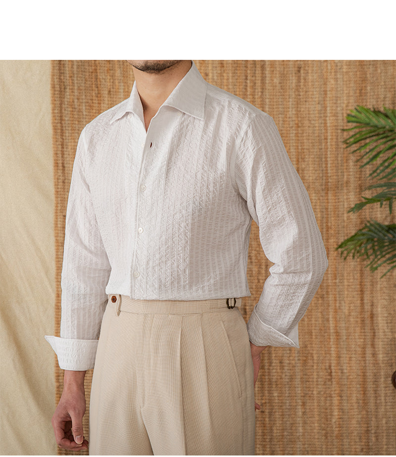 Cotton Seersucker Thin Long-sleeved Shirt One Collar Casual Shirt