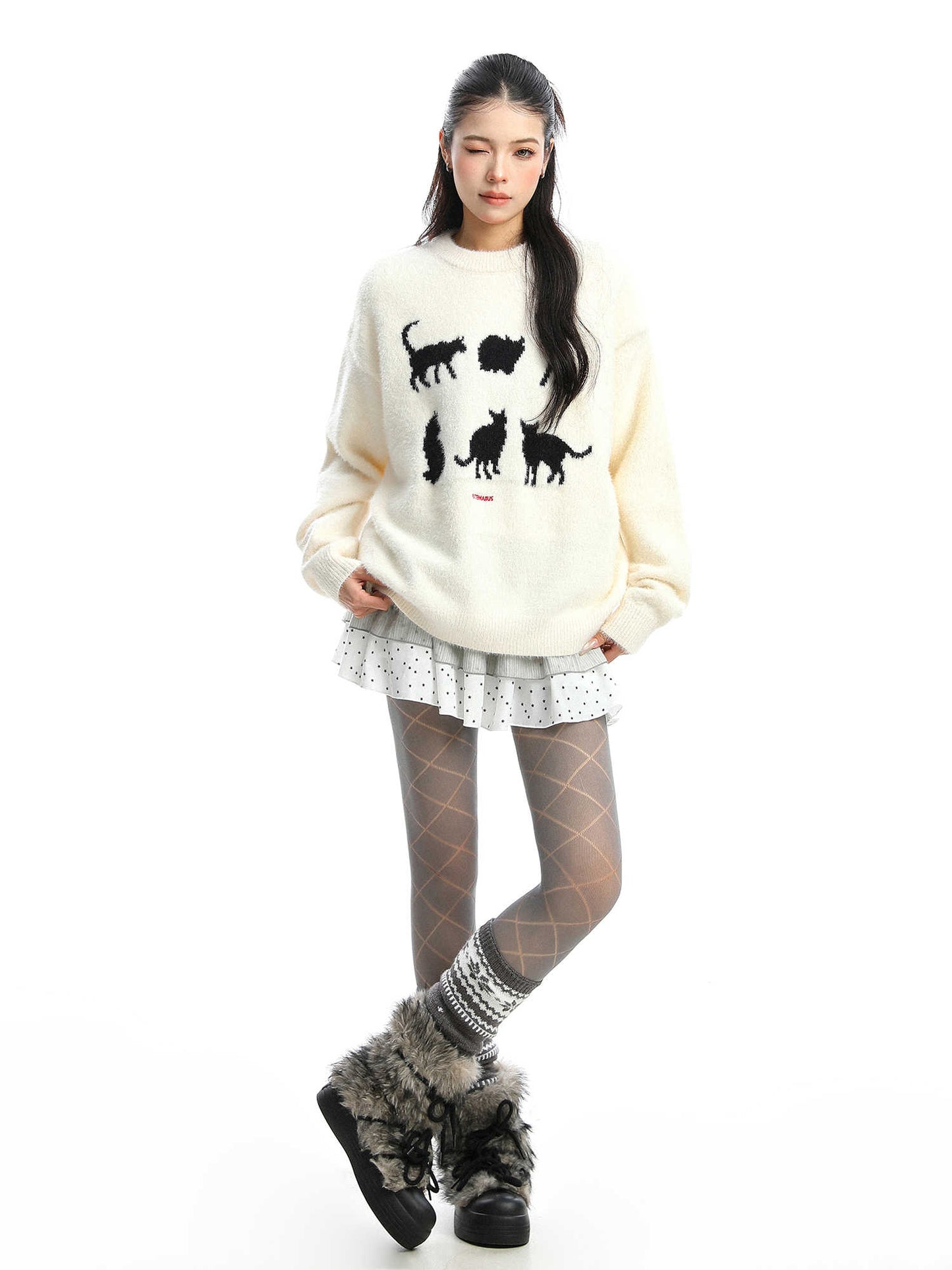 Korean Cat Jacquard Soft Round Neck Sweater