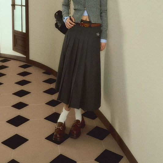 Retro High Waist A- Line Pleated Long Skirt Navy Blue Commuter College Style