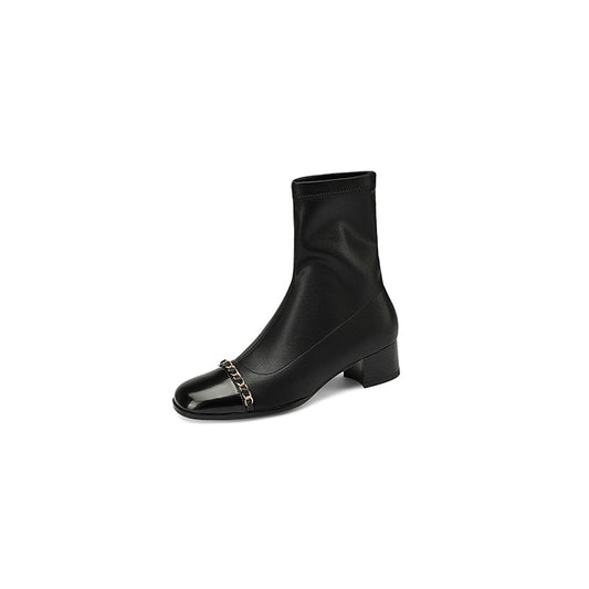 Women's Full Leather Thick Heel Comfortable Round Toe Short Boots