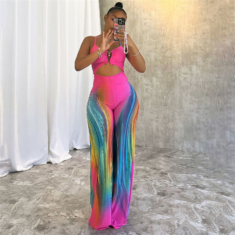 Sommer Ny Sexet Tætsiddende Rygløs Kontrastfarvet Lavtskåret Sling High Waist Jumpsuit