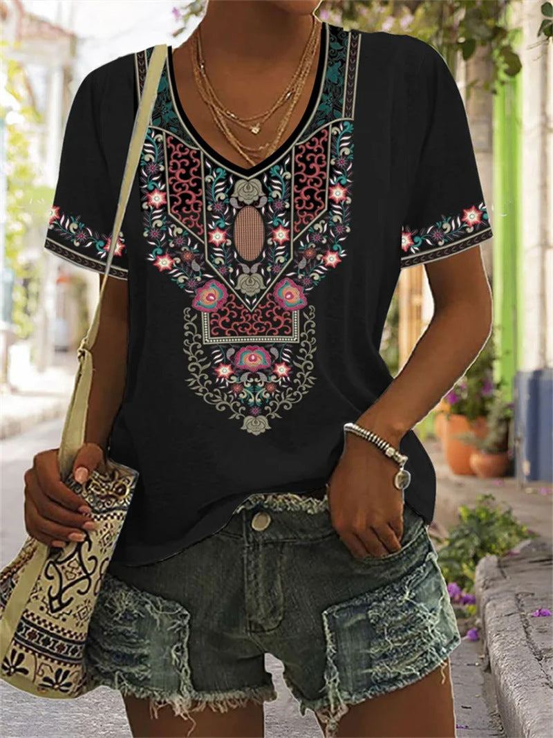 Women's Geometric Pattern Printed Short-sleeved V-neck Casual T-shirt