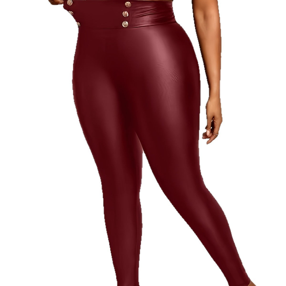 Plus-size Buttoned Tight-fit Figure-flattering Solid-color Stretchy PU Leather
