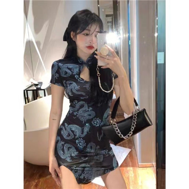 Womens Hollowed-out Form-fitting Cheongsam With A Slit