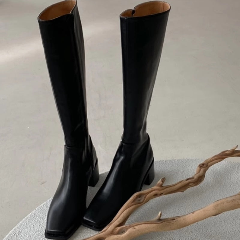 Simple Straight Square Head Below The Knee Long Boots Side Zipper