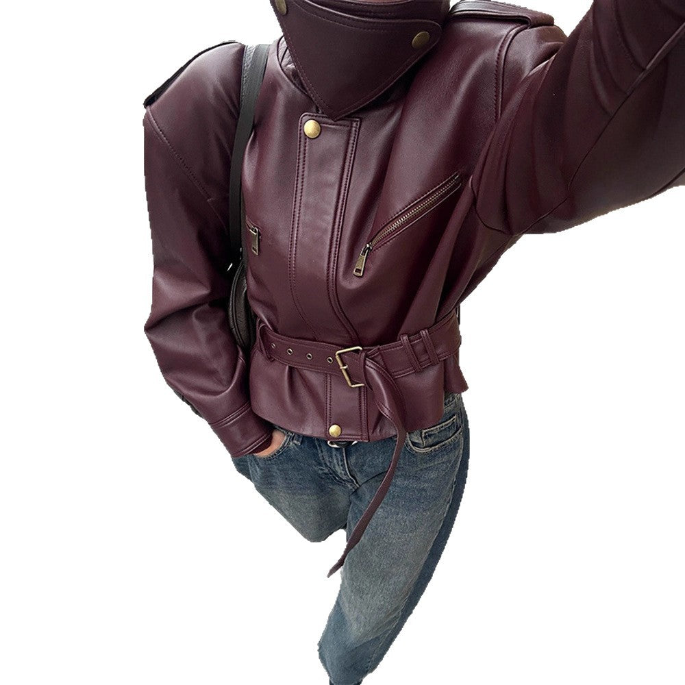 Womens Short Leather Jacket With Lacing