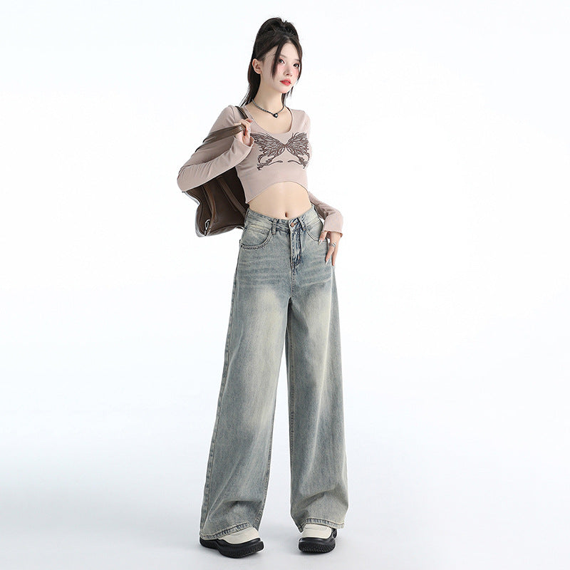 Jeans Washed Loose Drooping Draggle-tail Straight Trousers