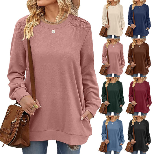 Fashion Langærmet Pullover Sweatshirt Med Lommer Afslappet Løs Ensfarvet Top Damebeklædning