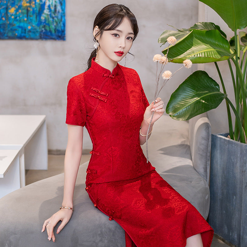 Chinese-style Modified Cheongsam Mid-length Wedding Dress For Engagement
