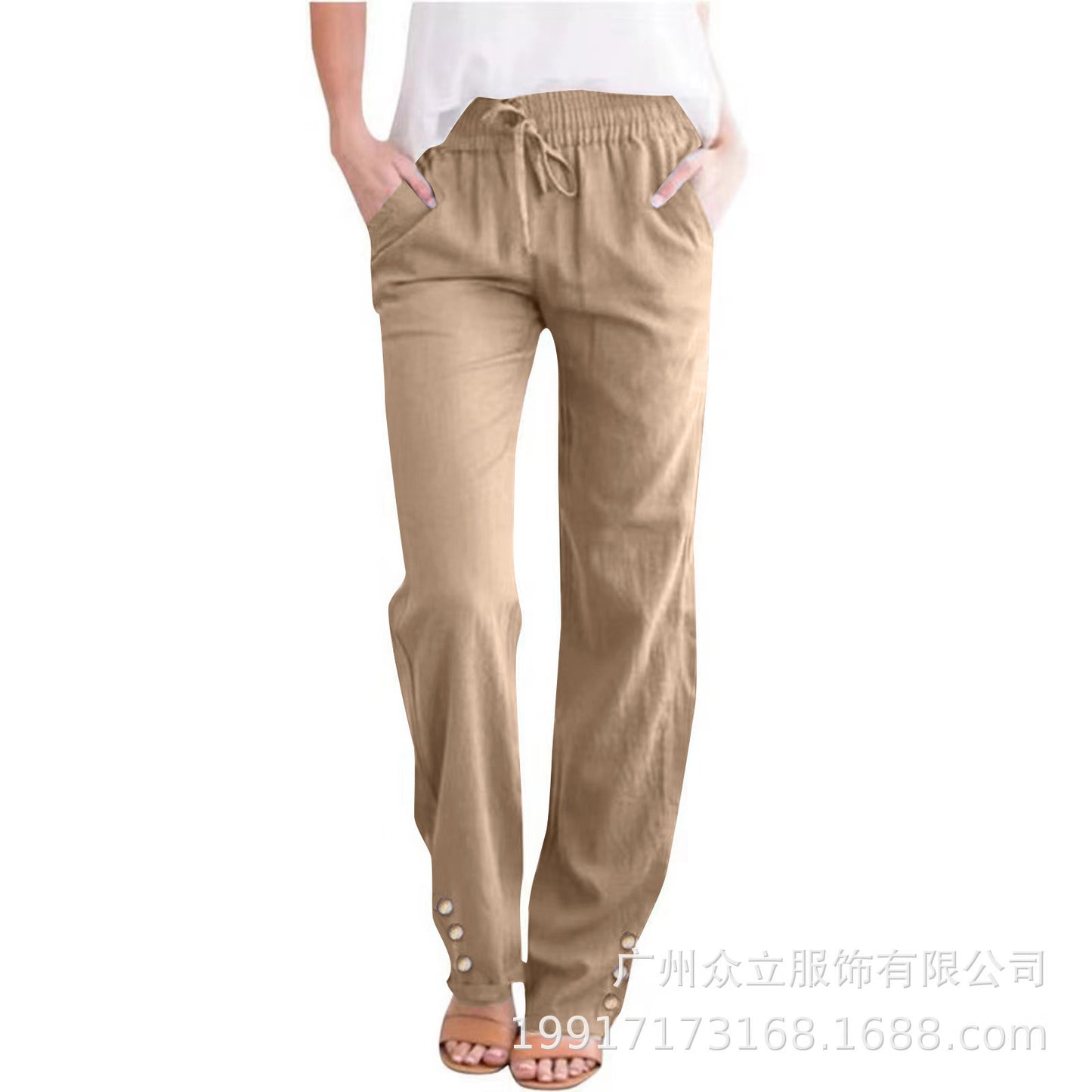 Solid Color Cotton And Linen Loose Drawstring Button Casual Wide-leg Trousers