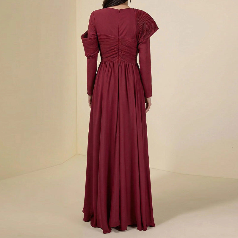 Round-neck Fitted-waist Patchwork Floral-patterned Solid Red Dress