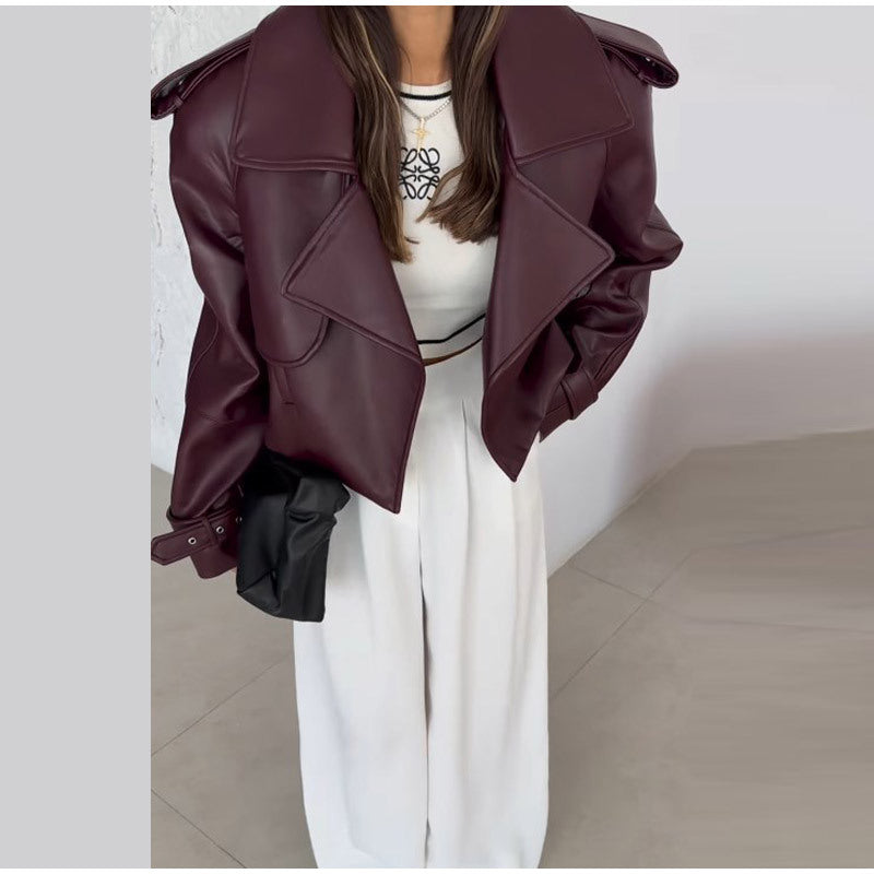 Manteau en cuir uni court et ample pour femme