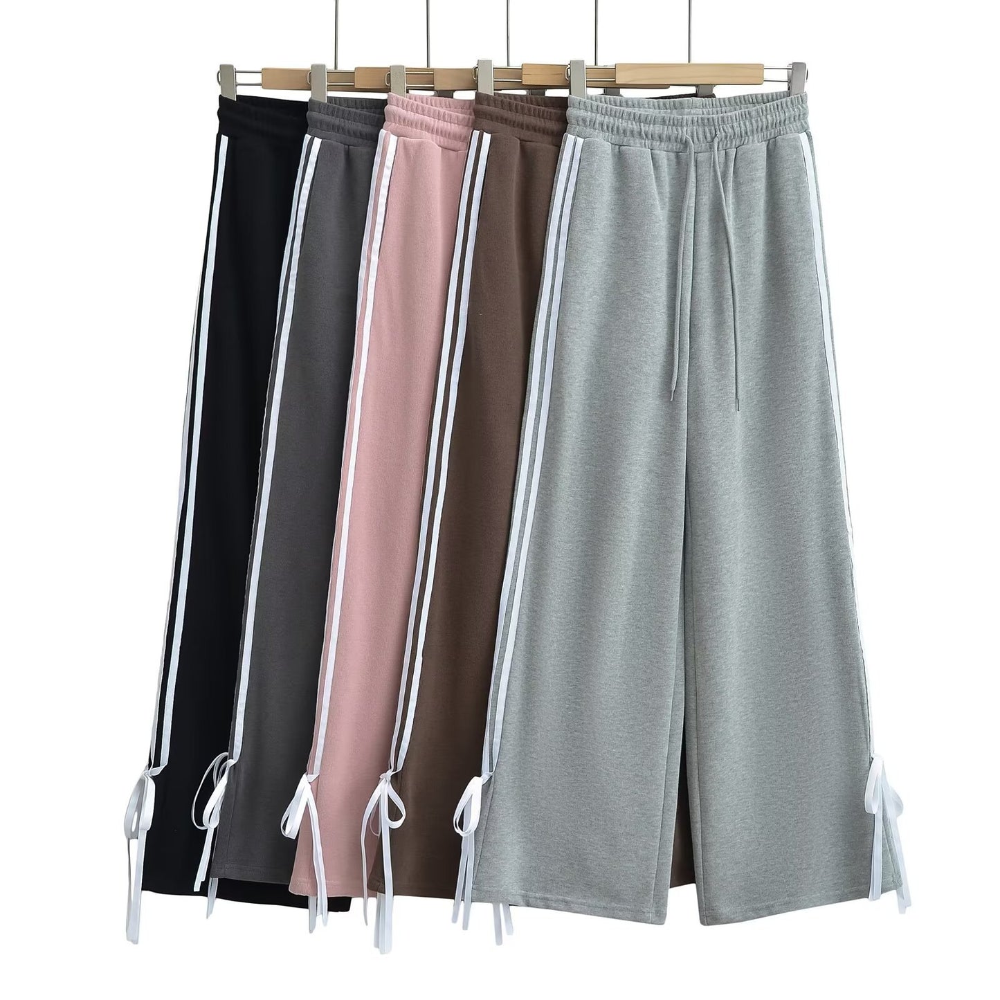 Side-striped Bow-tie-detailed High-waist Casual Loose Wide-leg Straight Pants