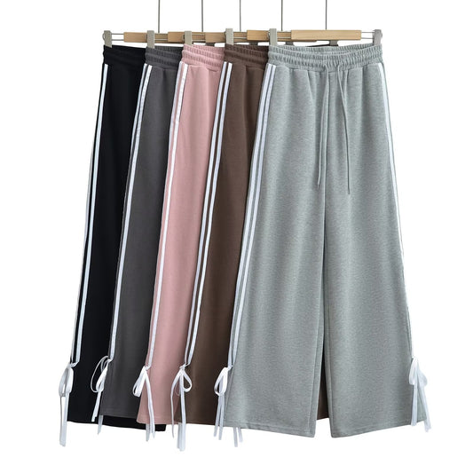 Side-striped Bow-tie-detailed High-waist Casual Loose Wide-leg Straight Pants