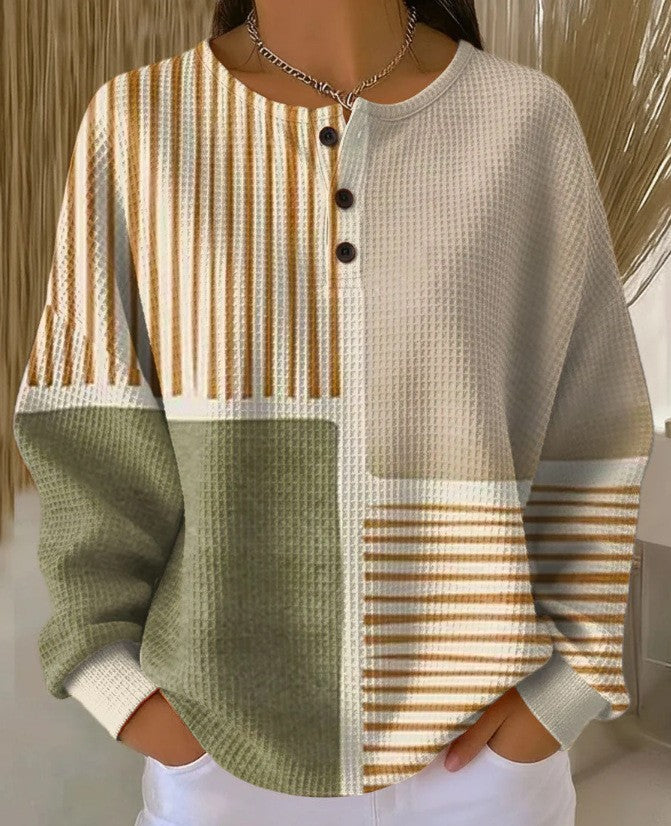 Retro 3D Digital Print Three-button Stand Collar Top