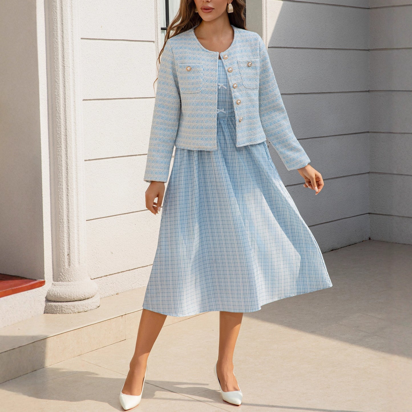French-style Women's Elegant Tweed Jacket With Plaid Countryside Dress Set