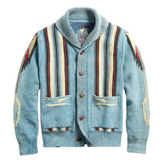 Europæisk og Amerikansk Retro Jacquard Strikketrøje til Mænd med Krave