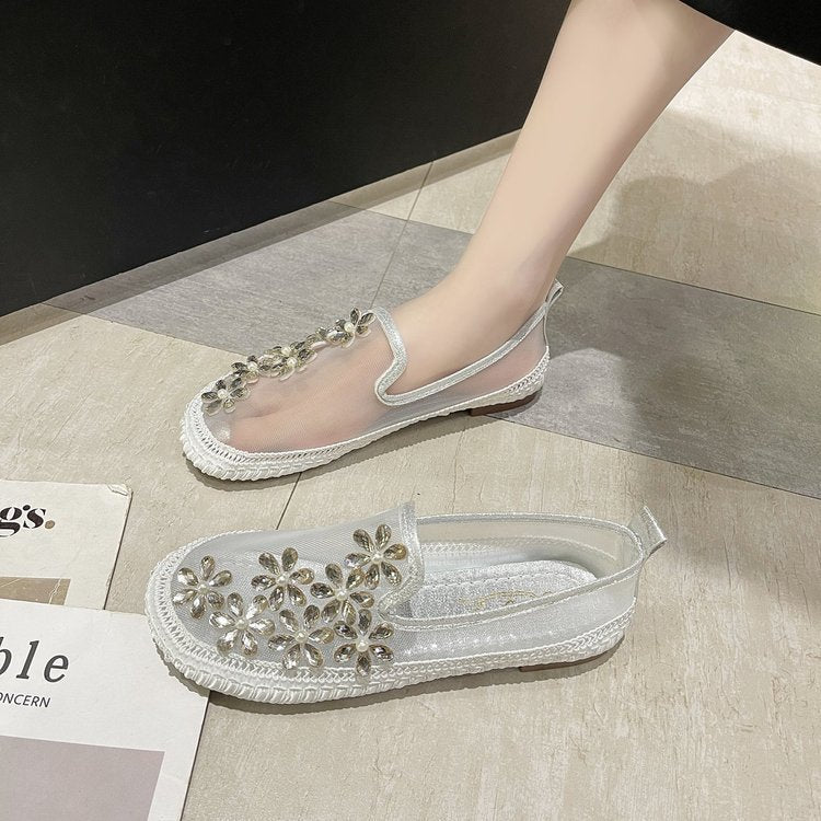 Enkeltsko Dame Fritid Mesh Flad Hæl Flade Rhinestones Rund Tå Slip-on