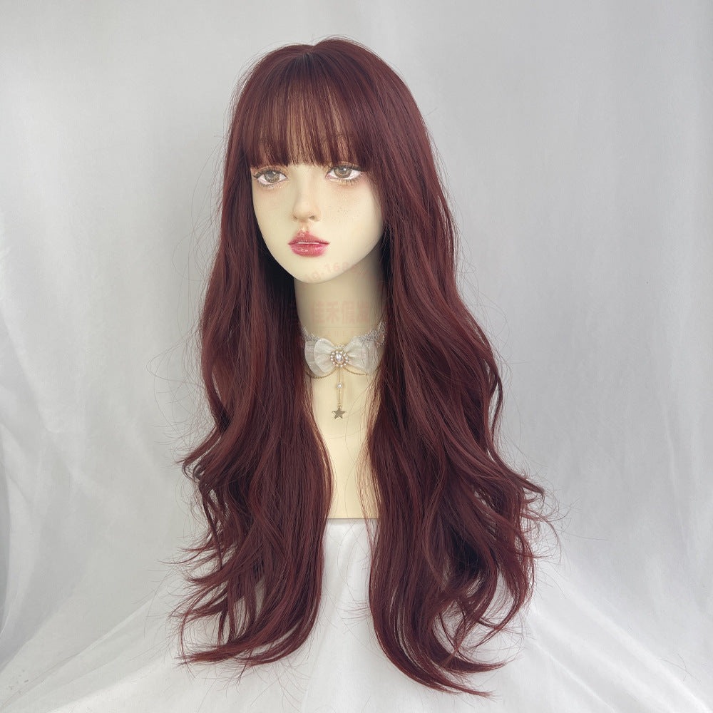 Waves Roll Korean Style Air Bangs Full-head Wig Wine Red Color Long Curly Hair Fluffy Whole Wig