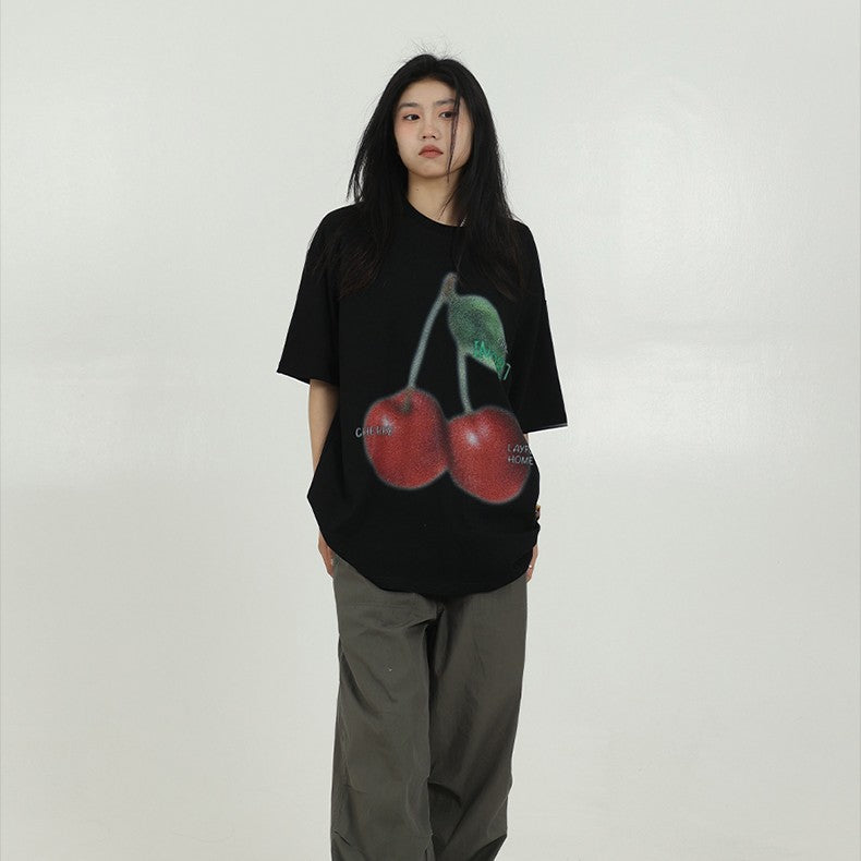 Women's Simple Cherry Print Short-sleeved T-shirt