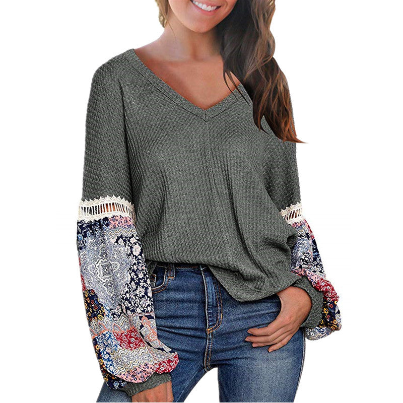 New European And American Autumn And Winter V-neck Waffle Loose Printed Long-sleeved T-shirt