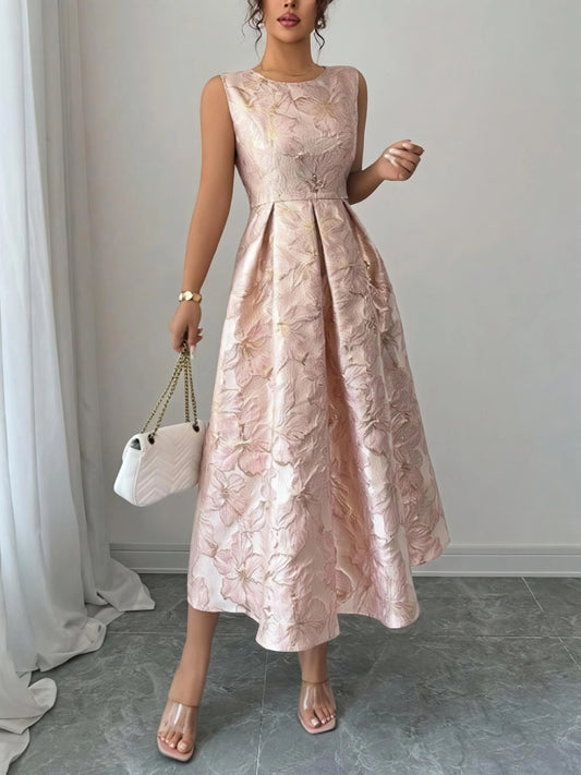 Womens Floral Jacquard Sleeveless Crew-Neck Dress