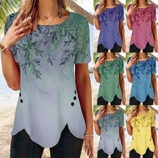Placed Print Buttons Irregular Hem Crew Neck Short Sleeves