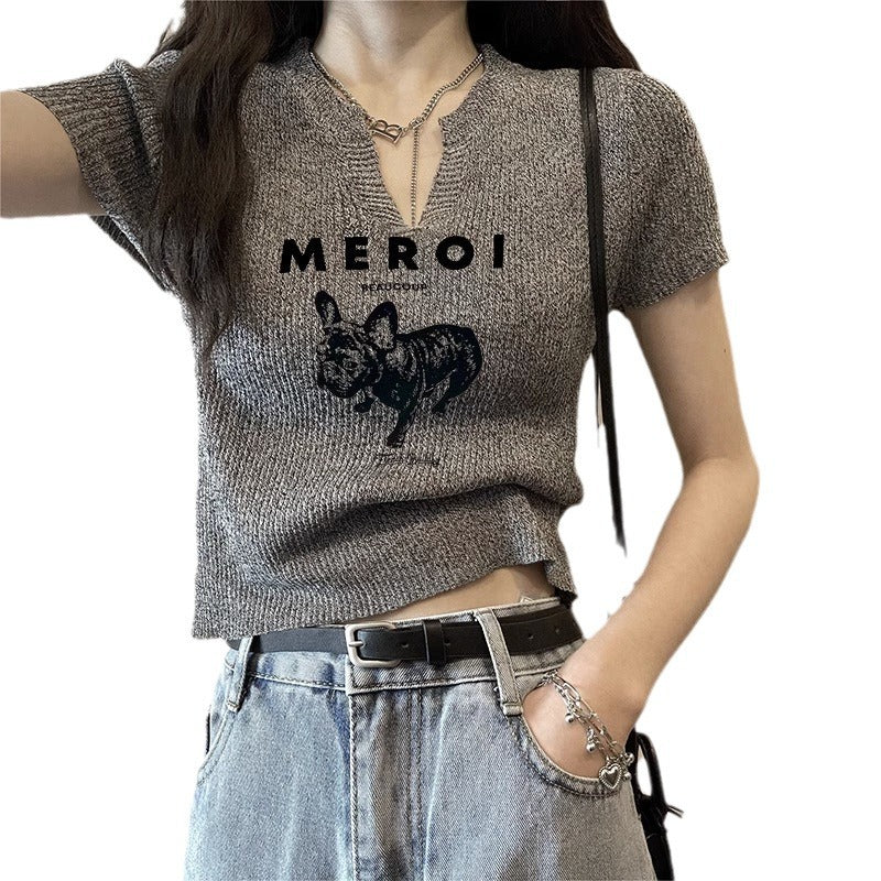 Women's Shoulder V-neck Short-sleeved T-shirt Design Sense