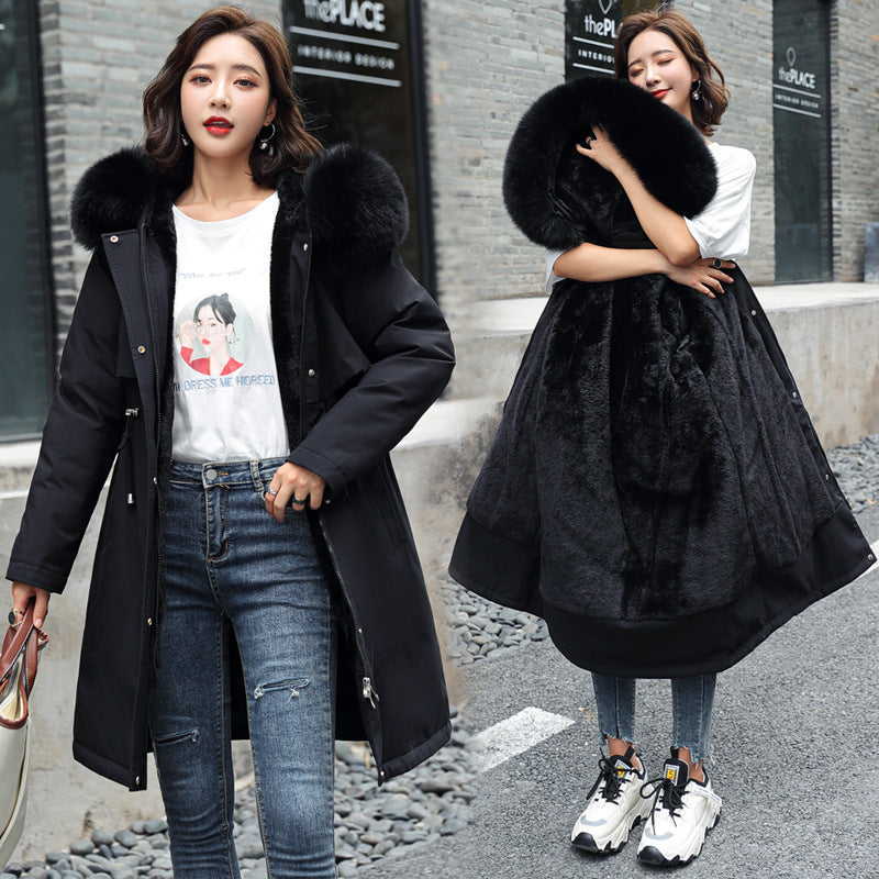 Long Style Large Fur Collar Fleece Lined Cotton Jacket Down Cotton Coat Outerwear