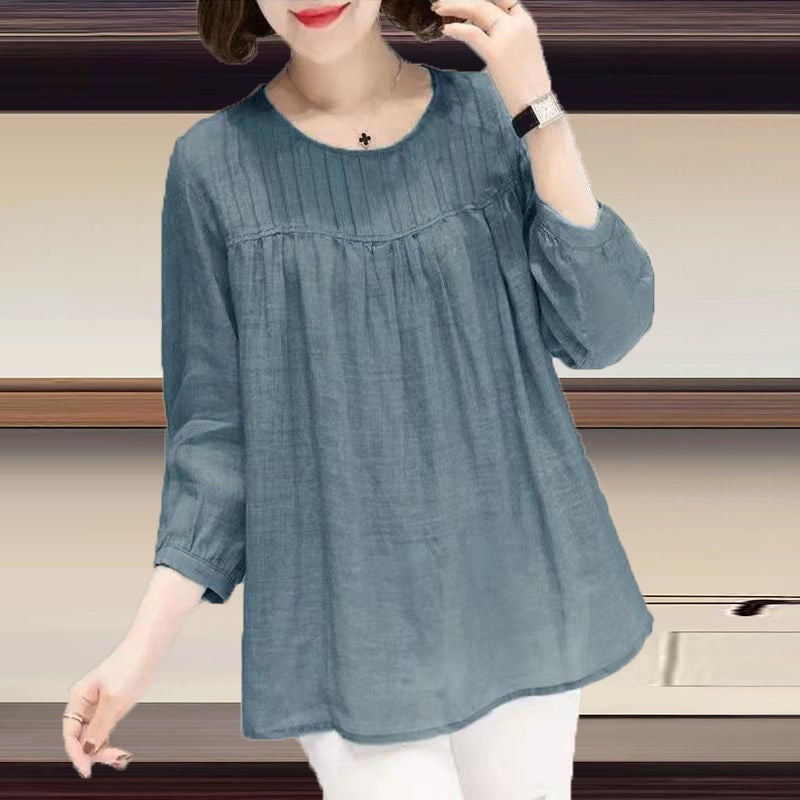 Cotton Round Collar Nine Quarter Sleeve Cotton Linen Shirt Women