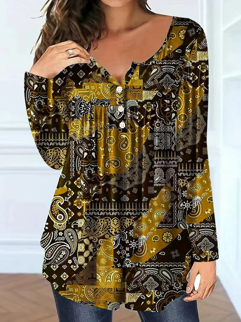 Paisley Mønster Elegant Løs Knap V-hals Top Dame T-shirt