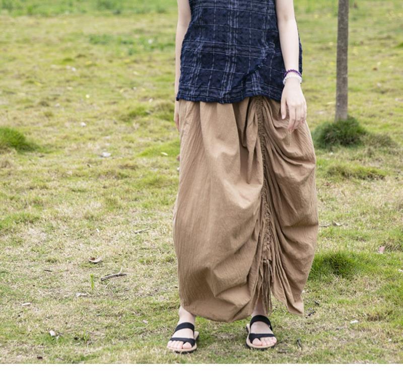 Irregular Drawstring Lace Linen Long Skirt Travel Loose Slimming Distressed